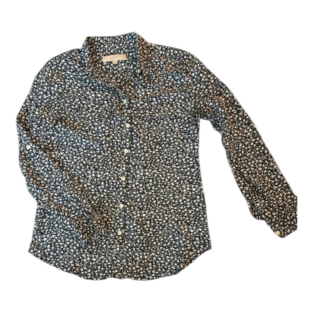 LOFT Navy White Floral Print Button Down Shirt Size Small Casual Chic